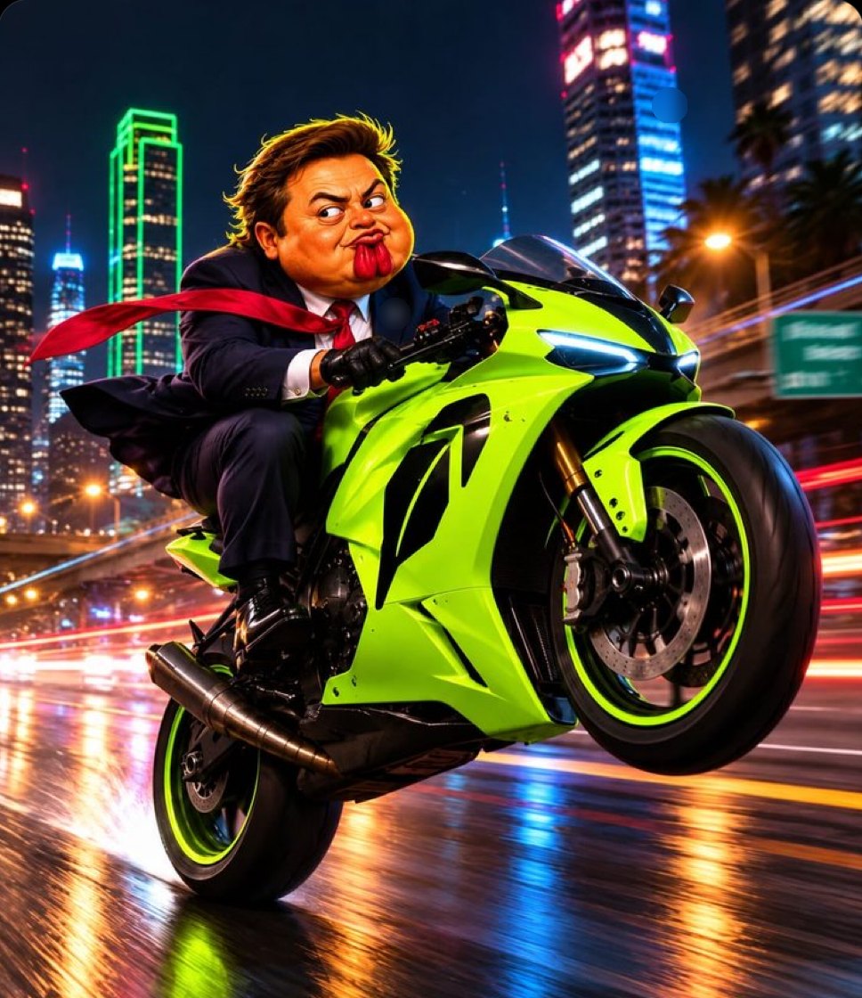 CHUSK, the chicken in a suit, riding a neon green motorbike through the city at night